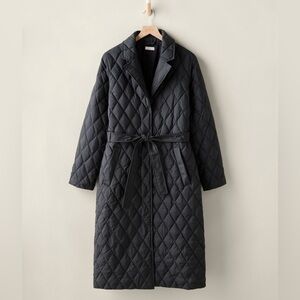 Garnet Hill Women’s Modern Longline Down Coat Black Quilted Long Jacket M